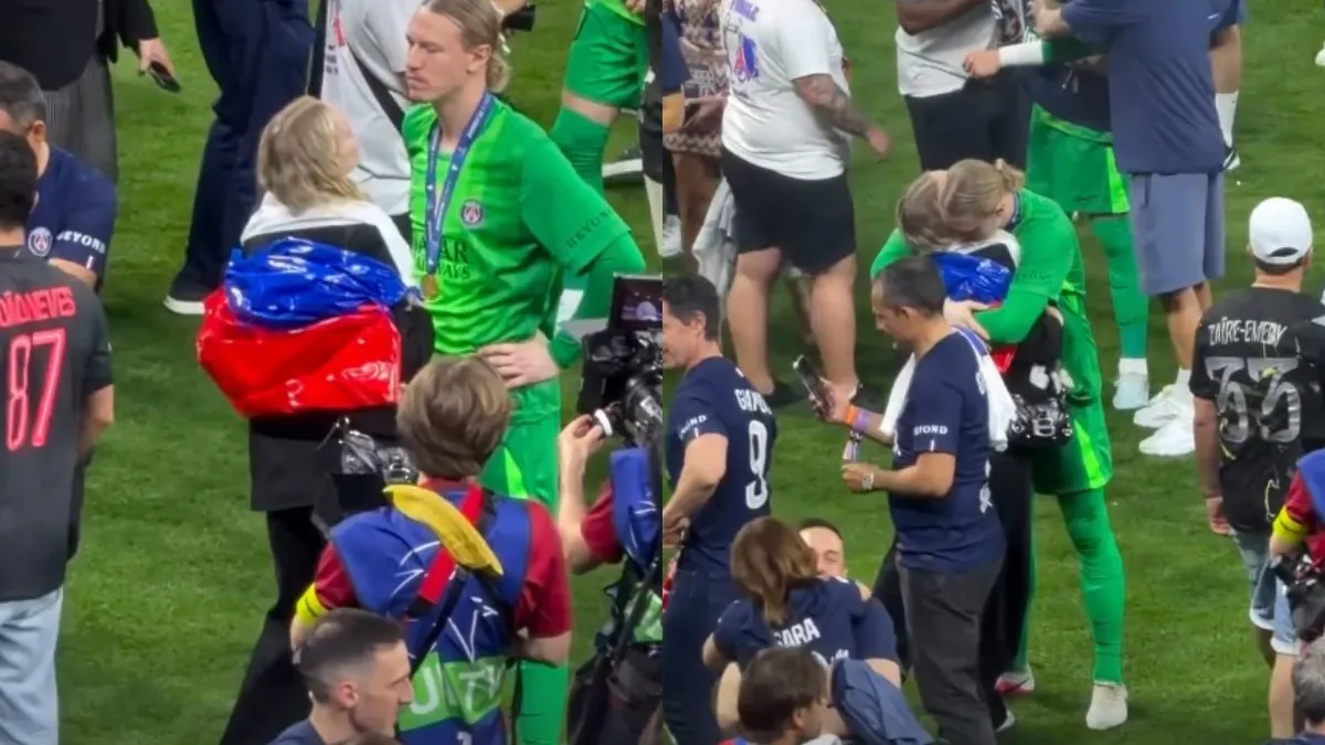 Matvey Safonov celebrates winning the Champions League with his wife